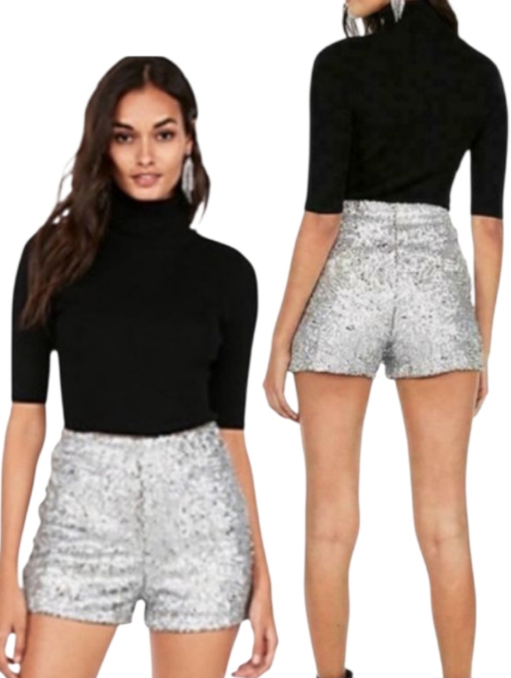 Express Sequin Extreme Hi-Rise Shortie Hot Pants Shorts Silver Glam